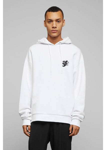 Fotoğraf Makinesi Karakalem Çizim Baskılı Beyaz Erkek Örme Kapşonlu Sweatshirt Uzun Kol