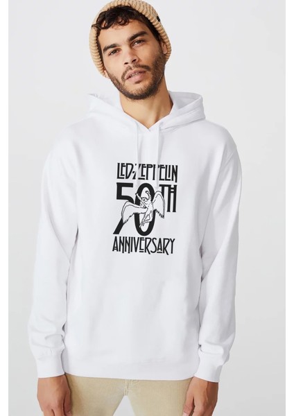LED Zeppelin Anniversary Launches Historical Baskılı Beyaz Erkek Örme Kapşonlu Sweatshirt Uzun Kol