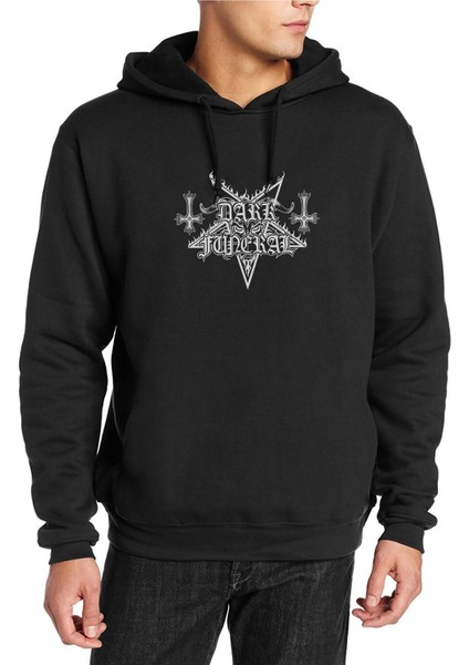 Dark Funeral Logo Baskılı Siyah Erkek Örme Kapşonlu Sweatshirt Uzun Kol