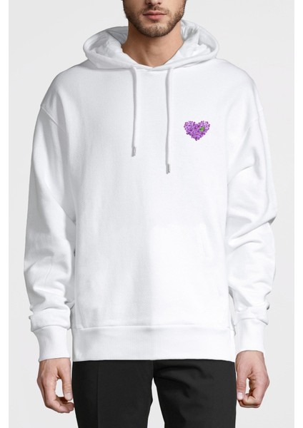 Mor Leylak Çiçeği Illüstrasyon Leylak Mor Baskılı Beyaz Erkek Örme Kapşonlu Sweatshirt Uzun Kol