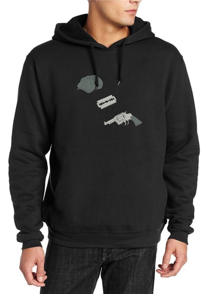 Peaky Blinders Hat & Razor Blade & Gun Baskılı Siyah Erkek Örme Kapşonlu Sweatshirt Uzun Kol