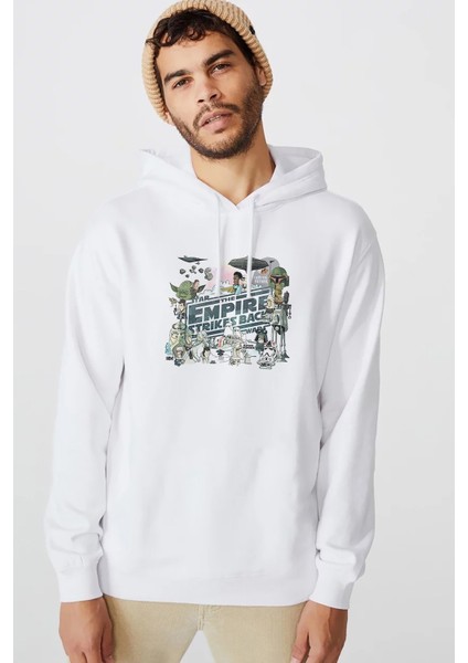 The Empire Strikes Back Baskılı Beyaz Erkek Örme Kapşonlu Sweatshirt Uzun Kol