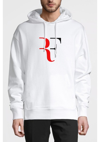 Roger Federer Rf Baskılı Beyaz Erkek Örme Kapşonlu Sweatshirt Uzun Kol