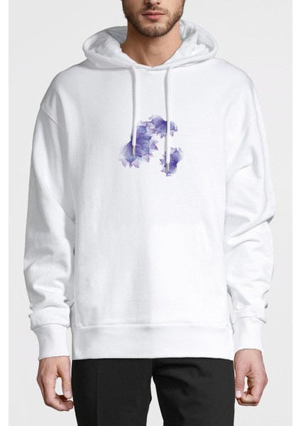 Illustrator Öklid Lavanta Çiçek Kozmetik Mor Baskılı Beyaz Erkek Örme Kapşonlu Sweatshirt Uzun Kol