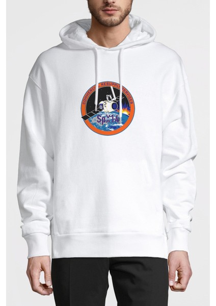Nasa Spacex Roket Baskılı Beyaz Erkek Örme Kapşonlu Sweatshirt Uzun Kol