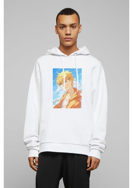 Anime Naruto Asialogy Baskılı Beyaz Erkek Örme Kapşonlu Sweatshirt Uzun Kol