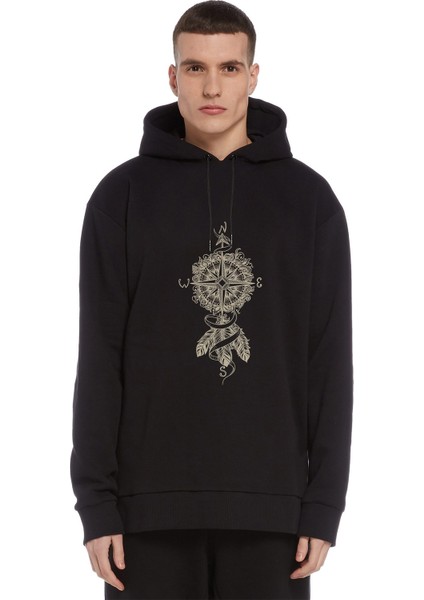 Dreamcatcher Pusula Baskılı Siyah Erkek Örme Kapşonlu Sweatshirt Uzun Kol