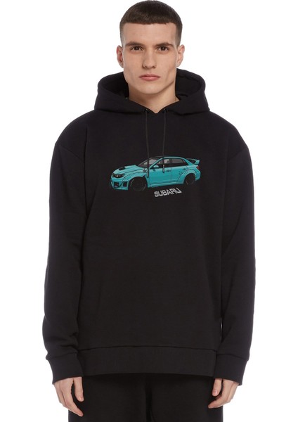 Subaru Baskılı Siyah Erkek Örme Kapşonlu Sweatshirt Uzun Kol
