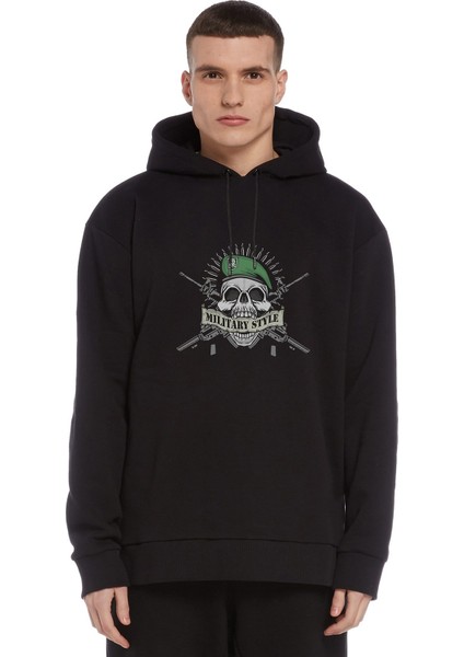 Askeri Style Baskılı Siyah Erkek Örme Kapşonlu Sweatshirt Uzun Kol