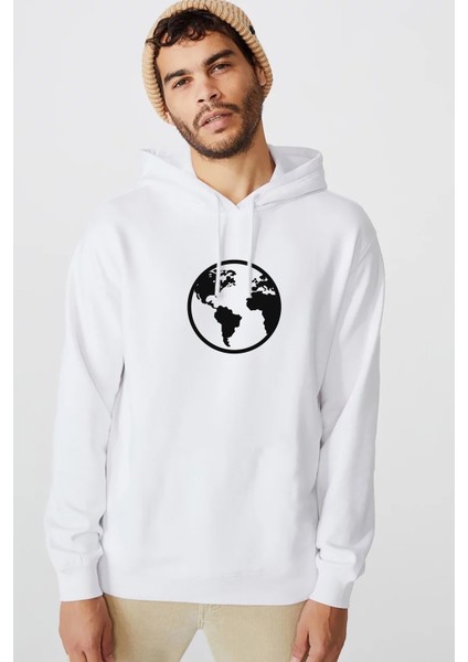 Silhouette Earth Icon Baskılı Beyaz Erkek Örme Kapşonlu Sweatshirt Uzun Kol