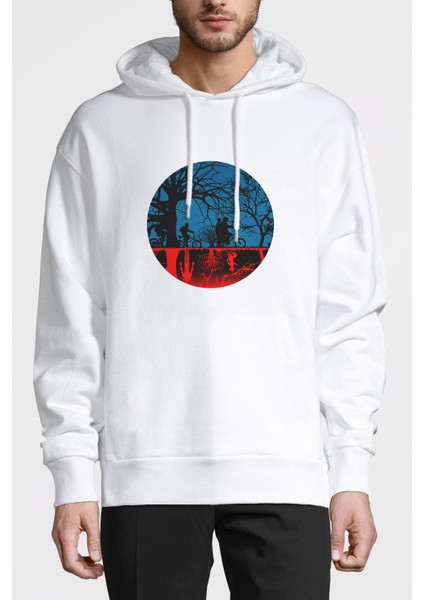 Stranger Things The Upside Down Biker Baskılı Beyaz Erkek Örme Kapşonlu Sweatshirt Uzun Kol