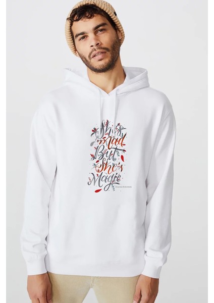 Charles Bukowski Shes Mad But She Baskılı Beyaz Erkek Örme Kapşonlu Sweatshirt Uzun Kol