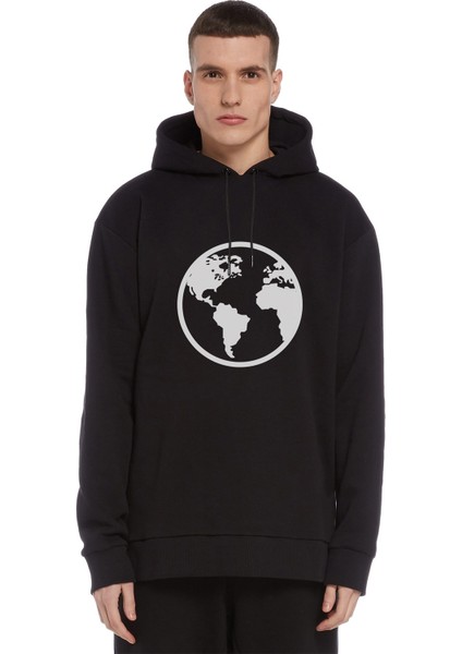 Silhouette Earth Icon Baskılı Siyah Erkek Örme Kapşonlu Sweatshirt Uzun Kol