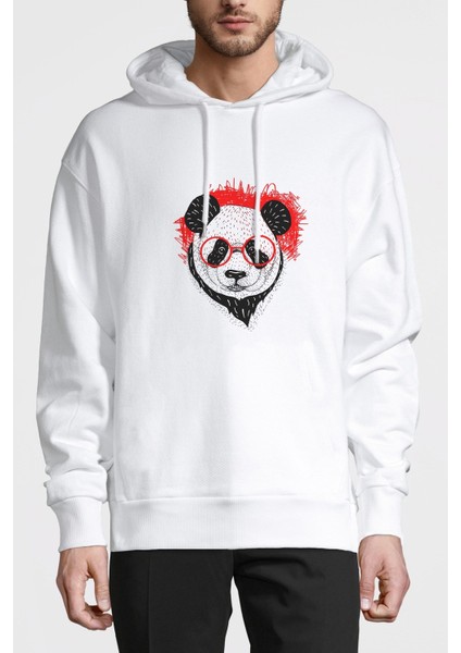 Gözlüklü Panda Baskılı Beyaz Erkek Örme Kapşonlu Sweatshirt Uzun Kol