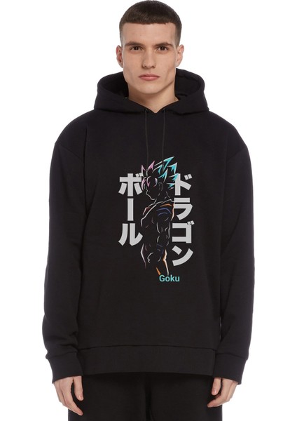 Anime Dragon Ball Baskılı Siyah Erkek Örme Kapşonlu Sweatshirt Uzun Kol