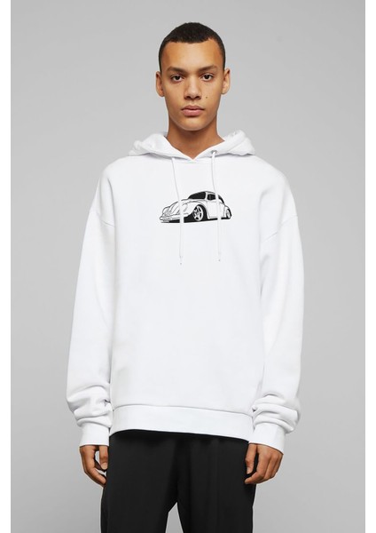 Araba Beetle Vector Baskılı Beyaz Erkek Örme Kapşonlu Sweatshirt Uzun Kol