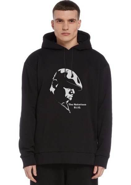 The Notorius Baskılı Siyah Erkek Örme Kapşonlu Sweatshirt Uzun Kol