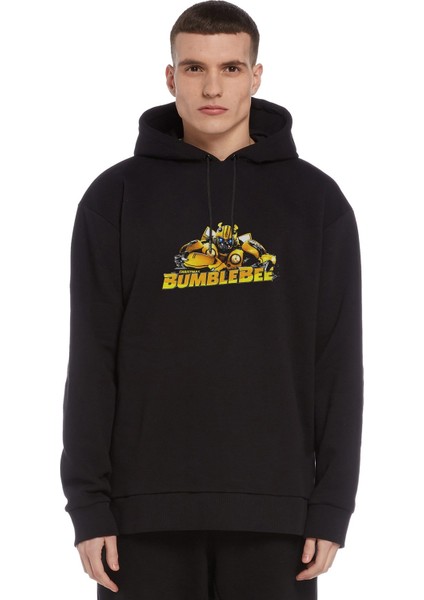 Transformers Bumblebee Christmas Baskılı Siyah Erkek Örme Kapşonlu Sweatshirt Uzun Kol