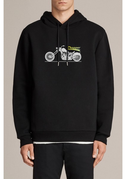 Chopper Baskılı Siyah Erkek Örme Kapşonlu Sweatshirt Uzun Kol