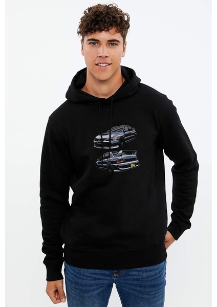Mitsubishi Lancer Evolution Baskılı Siyah Erkek Örme Kapşonlu Sweatshirt Uzun Kol