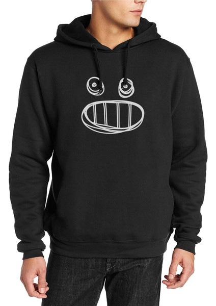 Smile Icon Baskılı Siyah Erkek Örme Kapşonlu Sweatshirt Uzun Kol