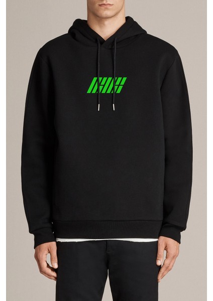 Ikon Logo Baskılı Siyah Erkek Örme Kapşonlu Sweatshirt Uzun Kol