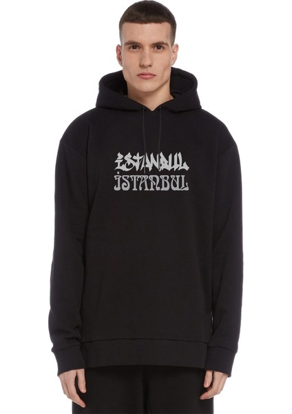 Ist Istanbul 34 Baskılı Siyah Erkek Örme Kapşonlu Sweatshirt Uzun Kol