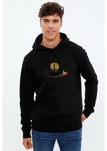 Astronaut Stay On Moon Rockect Uzay Baskılı Siyah Erkek Örme Kapşonlu Sweatshirt Uzun Kol