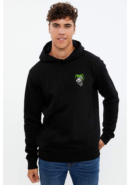 Ha Vok Baskılı Siyah Erkek Örme Kapşonlu Sweatshirt Uzun Kol