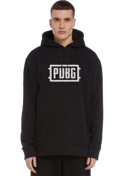 Pubg Logo Baskılı Siyah Erkek Örme Kapşonlu Sweatshirt Uzun Kol