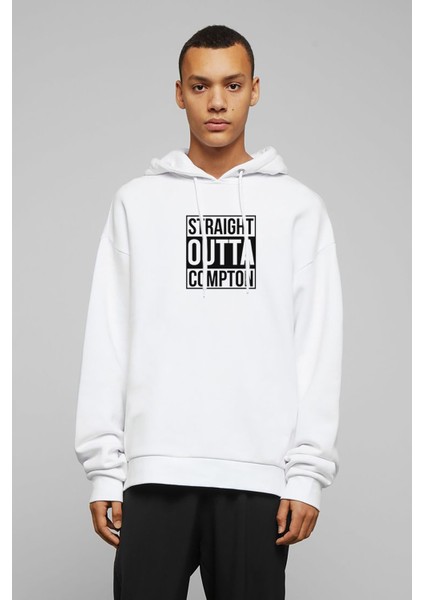 Straight Outta Compton Baskılı Beyaz Erkek Örme Kapşonlu Sweatshirt Uzun Kol