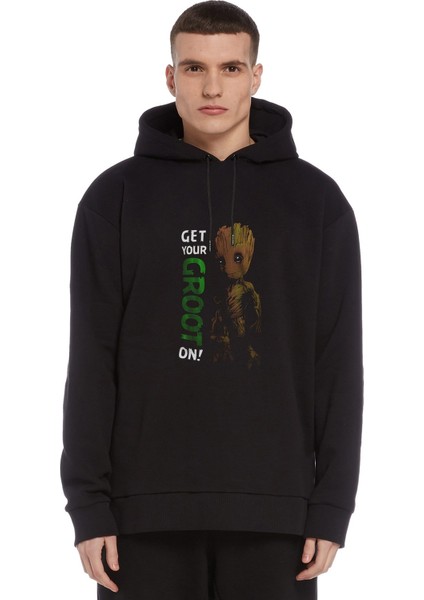 Get Your Groot On Baskılı Siyah Erkek Örme Kapşonlu Sweatshirt Uzun Kol