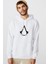 Assassins Creed Logo Baskılı Beyaz Erkek Örme Kapşonlu Sweatshirt Uzun Kol 1