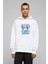 Beyaz ve Mavi Kafatası Baskılı Beyaz Erkek Örme Kapşonlu Sweatshirt Uzun Kol 1
