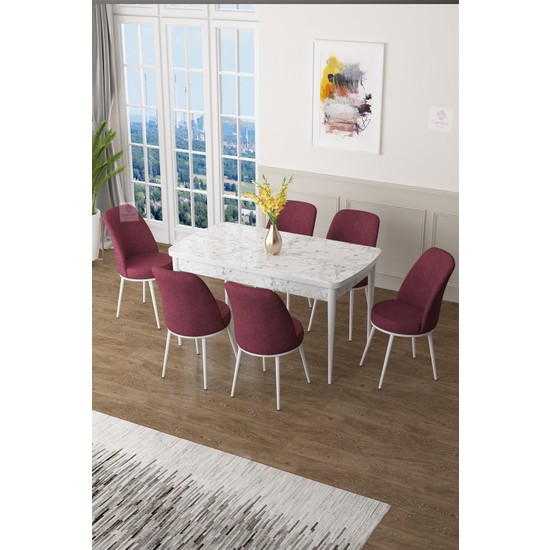 Canisa Concept Canisa Zen Serisi Mdf Açılabilir Beyaz Mermer Desenli Mutfak Masası Takımı+6 Bordo Sandalye