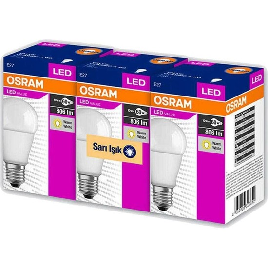 Osram LED Value 3'lü Ampul Sarı Işık 8.5 W 60 Watt