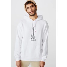 Qivi Guitar Melody Tipografi Baskılı Beyaz Erkek Örme Kapşonlu Sweatshirt Uzun Kol