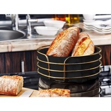 Kitchen Store Kitchen Store Metal Ekmeklik Gold Şeritli Siyah Kumaş Yuvarlak Ekmek Sepeti