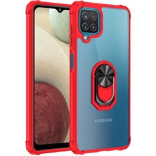 Case 4U Samsung Galaxy A12 Uyumlu Kılıf Armor Serisi Manyetik Yüzüklü Renkli Köşe Korumalı Şeffaf Silikon Mola Kırmızı