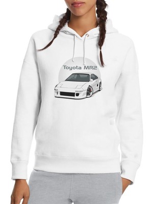 Qivi Toyota Mr2 Baskılı Beyaz Kadın Örme Kapşonlu Sweatshirt Uzun Kol