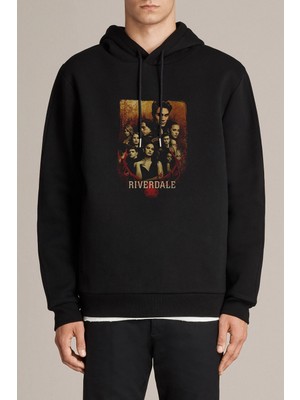 Qivi Riverdale Wallpaper Baskılı Siyah Erkek Örme Kapşonlu Sweatshirt Uzun Kol