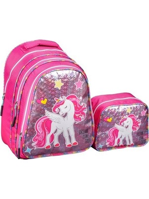 Relaxion Unicorn 3'lü Simli Çanta Seti Çanta Beslenme  Çantası Kalem Kutu