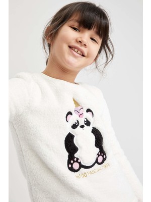 Defacto Kız Çocuk Panda Nakışlı Peluş Uzun Pijama Takımı R5459A621WN