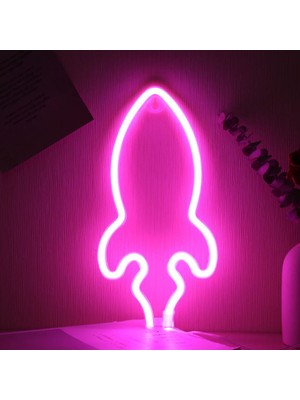 Orijinaldükkan Neon Renkli Pembe Roket Pilli ve Usbli Çocuk Odası Duvar Gece Lambası