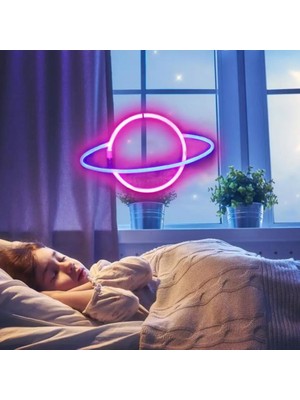 Orijinaldükkan Neon Renkli Işıklı Satürn Pilli ve Usbli Çocuk Odası Duvar Gece Lambası