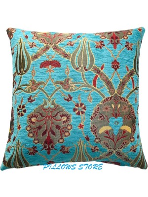 Pillows Store Osmanlı Lale Desenli Turkuaz Kırlent Kılıfı 45 x 45  cm