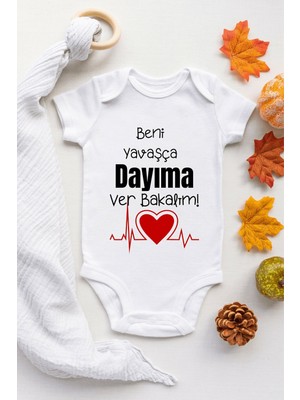 Limon Bebek Beyaz Beni Yavaşca Dayıma Ver Desenli Kısa Kol Body