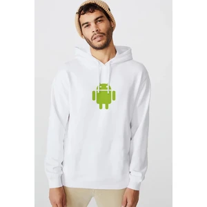Android Logo Baskılı Beyaz Erkek Örme Kapşonlu Sweatshirt Uzun Kol