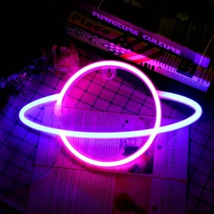 Neon Renkli Işıklı Satürn Pilli ve Usbli Çocuk Odası Duvar Gece Lambası