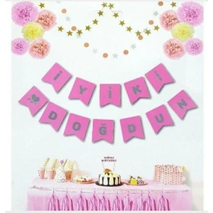 Bal10 Dünyası Flama Karton Bayrak Iyiki Doğdun Yazılı Flama Bayrak Set-Pembe Zemin Gümüş Renk Yazılı